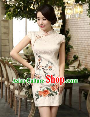 Chinese Traditional One Piece Dobby Cotton Dress Short Sleeves Qi Pao Cheongsam Styel Short Sleeves Chinese Traditional Clothes