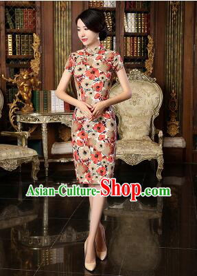 Chinese Traditional One Piece Dress Linen Short Sleeves Qi Pao Cheongsam Styel Chinese Traditional Clothes Slim Fashionable Red