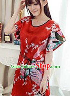 Night Suit for Women Night Gown Bedgown Leisure Wear Home Clothes Chinese Traditional Style Peacock Red