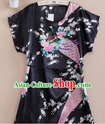 Night Suit for Women Night Gown Bedgown Leisure Wear Home Clothes Chinese Traditional Style Peacock Black