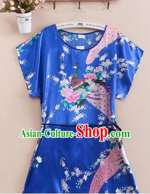 Night Suit for Women Night Gown Bedgown Leisure Wear Home Clothes Chinese Traditional Style Peacock Blue