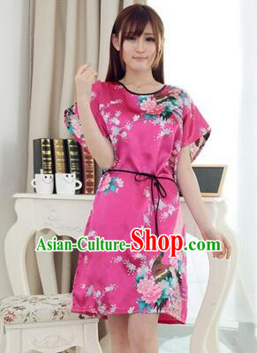 Night Suit for Women Night Gown Bedgown Leisure Wear Home Clothes Chinese Traditional Style Peacock Rose Red