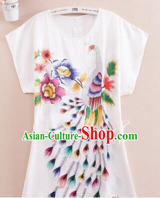 Night Suit for Women Night Gown Bedgown Leisure Wear Home Clothes Chinese Traditional Style Large Peacock White