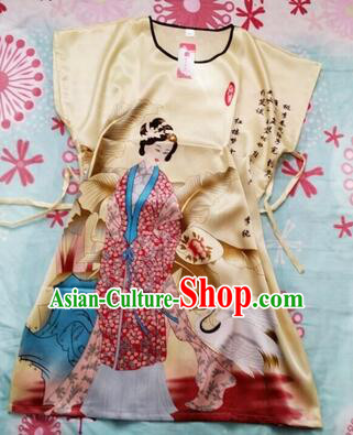 Night Gown Women Sexy Skirt Ancient China Style Chinese Traditional Beauty Pattern Night Suit Nighty Bedgown Yellow