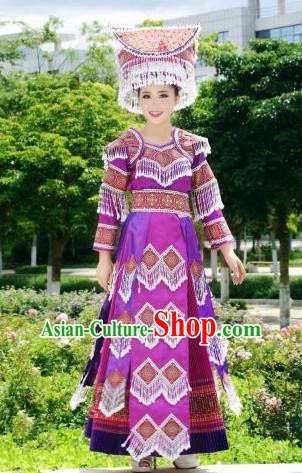 Traditional Chinese Miao Nationality Wedding Costume Set, Hmong Luxury Improved Bride Folk Dance Ethnic Long Skirt, Chinese Minority Nationality Embroidery Costume for Women