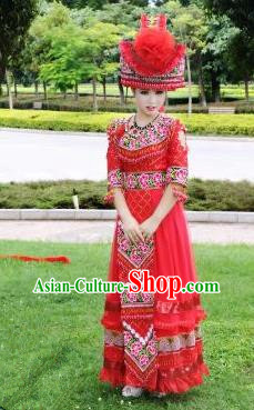 Traditional Chinese Miao Nationality Wedding Costume Set, Hmong Luxury Improved Bride Folk Dance Ethnic Long Skirt, Chinese Minority Nationality Embroidery Costume for Women