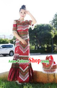 Traditional Chinese Miao Nationality Wedding Costume Set, Hmong Luxury Improved Bride Folk Dance Ethnic Long Skirt, Chinese Minority Nationality Embroidery Costume for Women