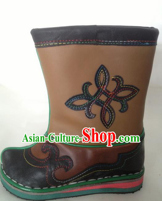 Traditional Chinese Minority Mongol Nationality Ethnic Minorities Mongolian Dance Cowhide Boots Mongolian Children Knee Embroidery Boots Jockey Boots Tanks Boots for Kids