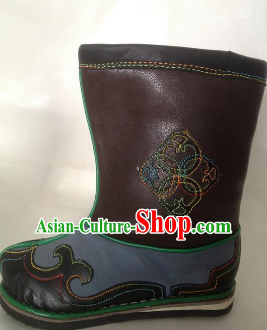 Traditional Chinese Minority Mongol Nationality Ethnic Minorities Mongolian Dance Cowhide Boots Mongolian Children Knee Embroidery Boots Jockey Boots Tanks Boots for Kids