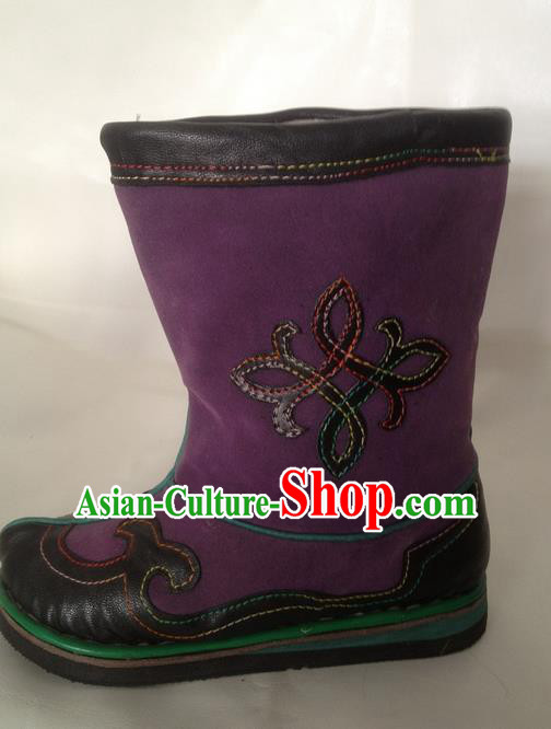 Traditional Chinese Minority Mongol Nationality Ethnic Minorities Mongolian Dance Cowhide Boots Mongolian Children Knee Embroidery Boots Jockey Boots Tanks Boots for Kids