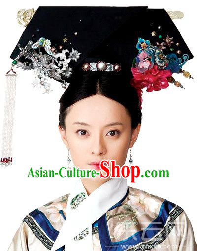 Acient Chinese Headwear, Traditional Qing Dynasty Hat, Legend Of Zhen Huan Headdress Suit, Large Heads Of La Fin Flag Plus Accessories Empress Tire Costume, Studio Props Cast Performance For Women