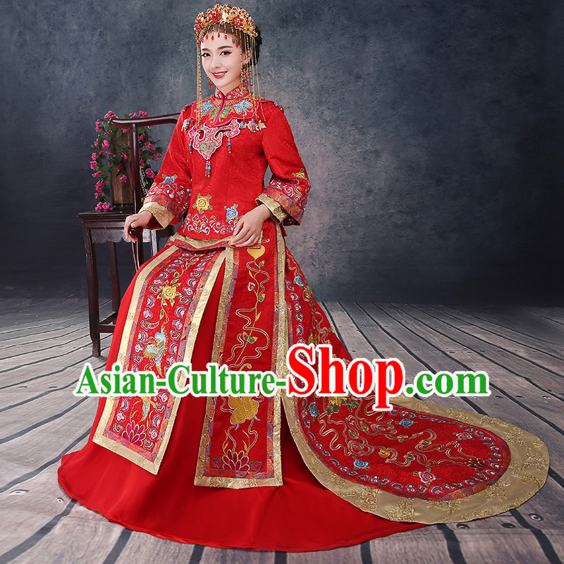 Ancient Chinese Costume, Chinese Style Wedding Dress, Red Ancient Dragon And Phoenix Flown, Bride Toast Clothing For Women