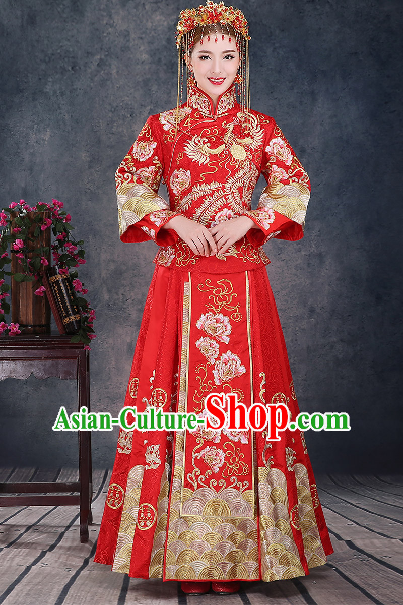 Ancient Chinese Costume, Chinese Style Wedding Dress, Red Ancient Dragon And Phoenix Flown, Bride Toast Clothing For Women