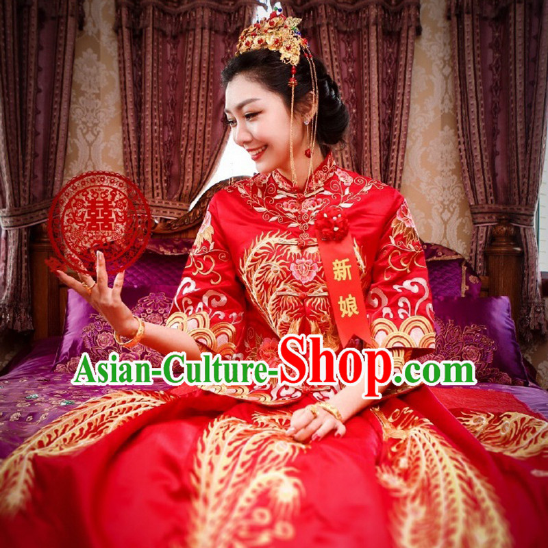 Ancient Chinese Costume, Chinese Style Wedding Dress, Red Ancient Dragon And Phoenix Flown, Bride Toast Clothing For Women