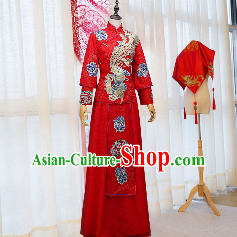 Ancient Chinese Costume, Chinese Style Wedding Dress, Red Ancient Dragon And Phoenix Flown, Bride Toast Clothing For Women