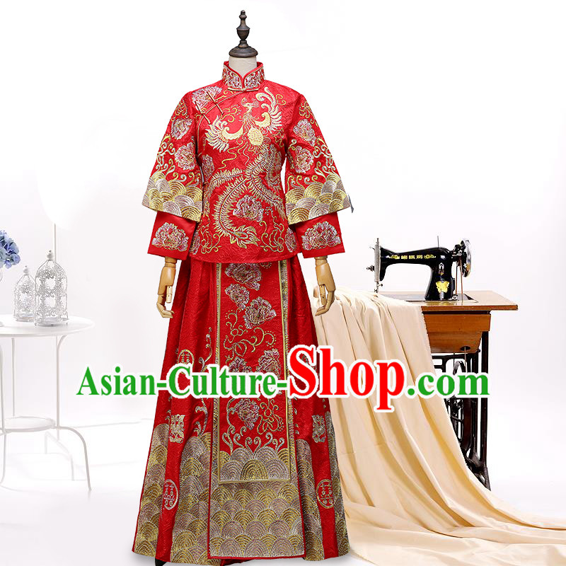 Ancient Chinese Costume, Chinese Style Wedding Dress, Red Ancient Dragon And Phoenix Flown, Bride Toast Clothing For Women