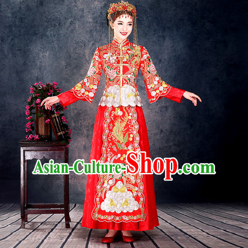 Ancient Chinese Costume, Chinese Style Wedding Dress, Red Ancient Dragon And Phoenix Flown, Bride Toast Clothing For Women