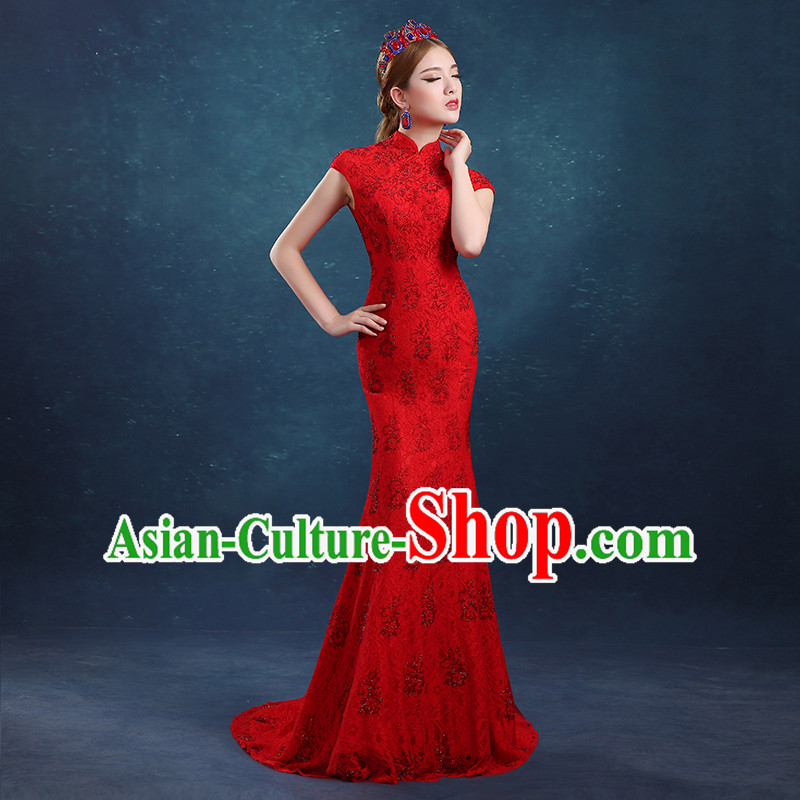 Ancient Chinese Bride Toast Clothing Cheongsam Red Long Fishtail Wedding Dress Traditional Female Chinese Style Bottom Drawer For Women