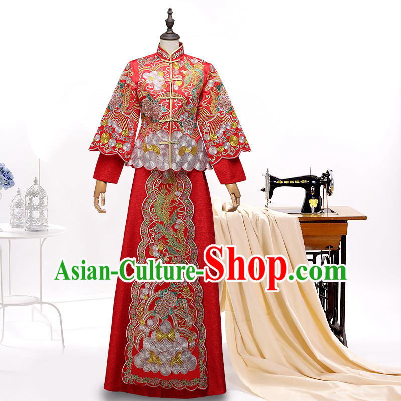 Ancient Chinese Costume, Chinese Style Wedding Dress, Red Ancient Dragon And Phoenix Flown, Bride Toast Clothing For Women