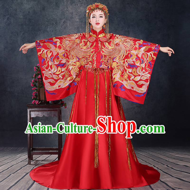 Ancient Chinese Costume Xiuhe Suits, Chinese Style Wedding Dress, Red Restoring Ancient Women Longfeng Dragon And Phoenix Flown, Bride Toast Cheongsam