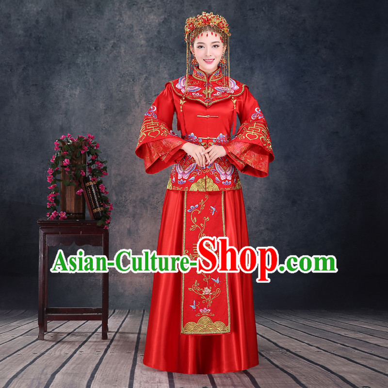 Ancient Chinese Costume, Chinese Style Wedding Dress, Red Ancient Dragon And Phoenix Flown, Bride Toast Clothing For Women