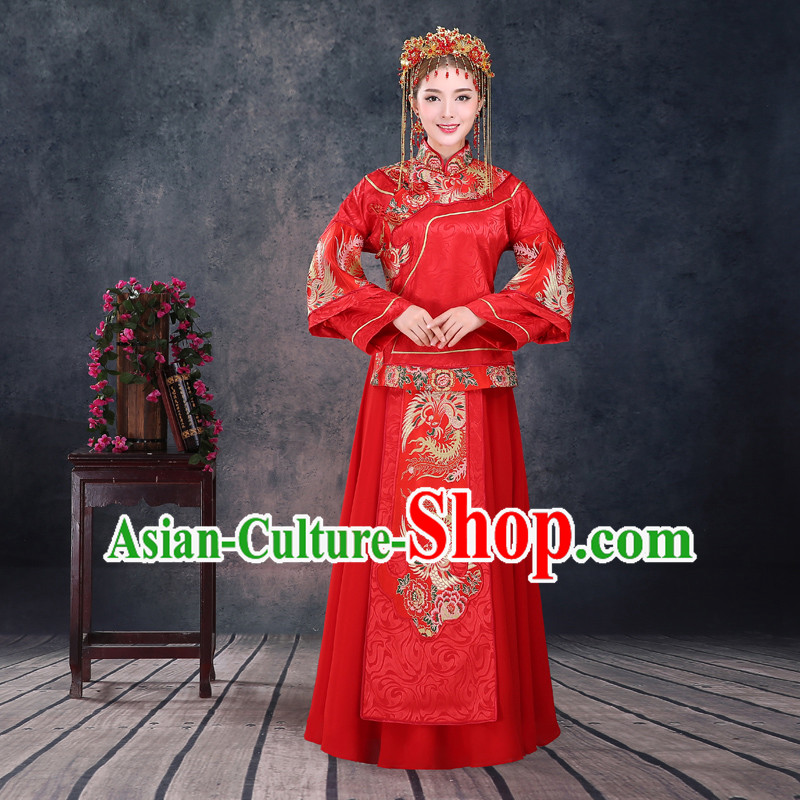 Ancient Chinese Costume, Xiuhe Suits, Chinese Style Wedding Dress, Red Ancient Women Longfeng Dragon And Phoenix Flown, Bride Toast Cheongsam