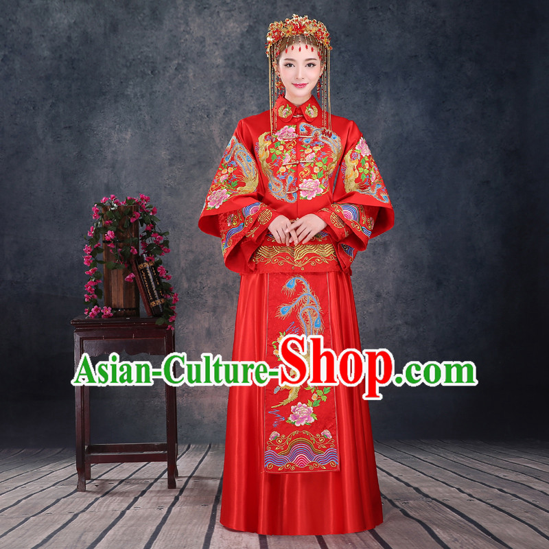 Ancient Chinese Costume, Xiuhe Suits, Chinese Style Wedding Dress, Red Ancient Women Longfeng Dragon And Phoenix Flown, Bride Toast Cheongsam