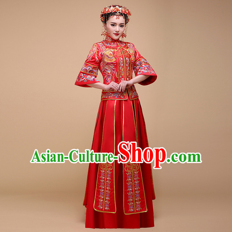 Ancient Chinese Costume, Chinese Style Wedding Dress, Red Ancient Dragon And Phoenix Flown, Bride Toast Clothing For Women