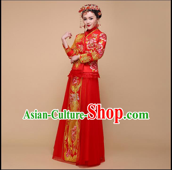 Ancient Chinese Costume Xiuhe Suits, Chinese Style Wedding Dress, Red Ancient Women Longfeng Dragon And Phoenix Flown, Bride Toast Cheongsam