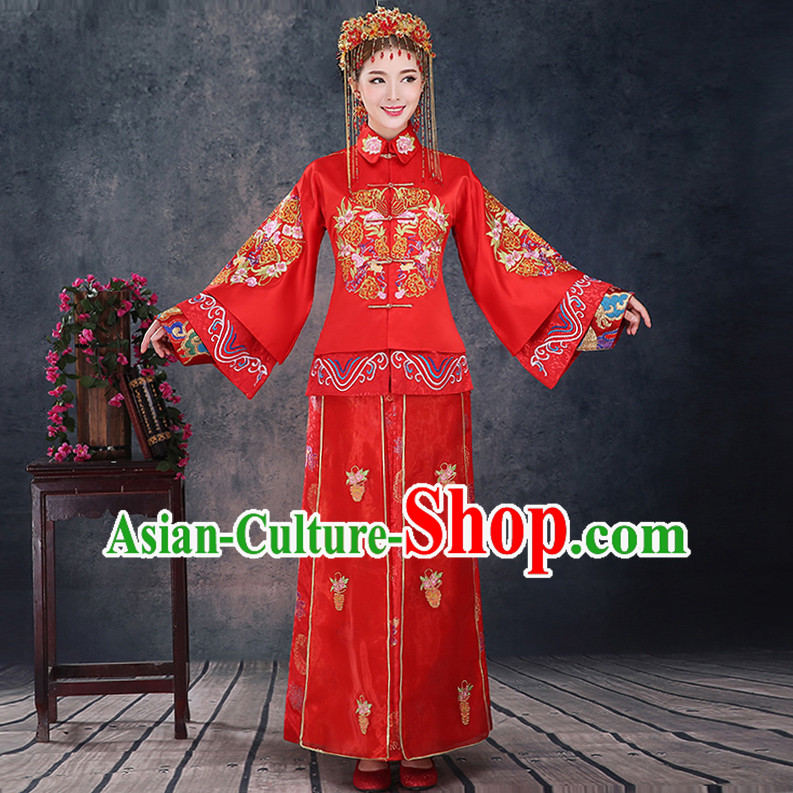 Ancient Chinese Costume Xiuhe Suits, Chinese Style Wedding Dress, Red Restoring Ancient Women Longfeng Dragon And Phoenix Flown, Bride Toast Cheongsam