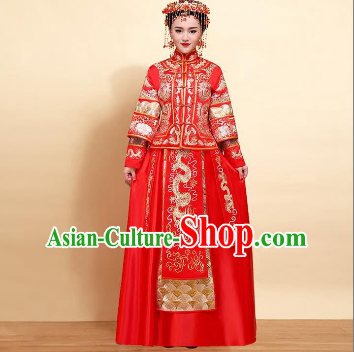 Ancient Chinese Costume, Xiuhe Suits, Chinese Style Wedding Dress, Red Ancient Women Longfeng Dragon And Phoenix Flown, Bride Toast Cheongsam