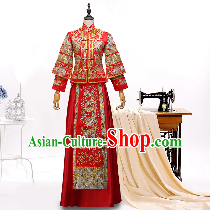 Ancient Chinese Costume, Xiuhe Suits, Chinese Style Wedding Dress, Red Ancient Women Longfeng Dragon And Phoenix Flown, Bride Toast Cheongsam