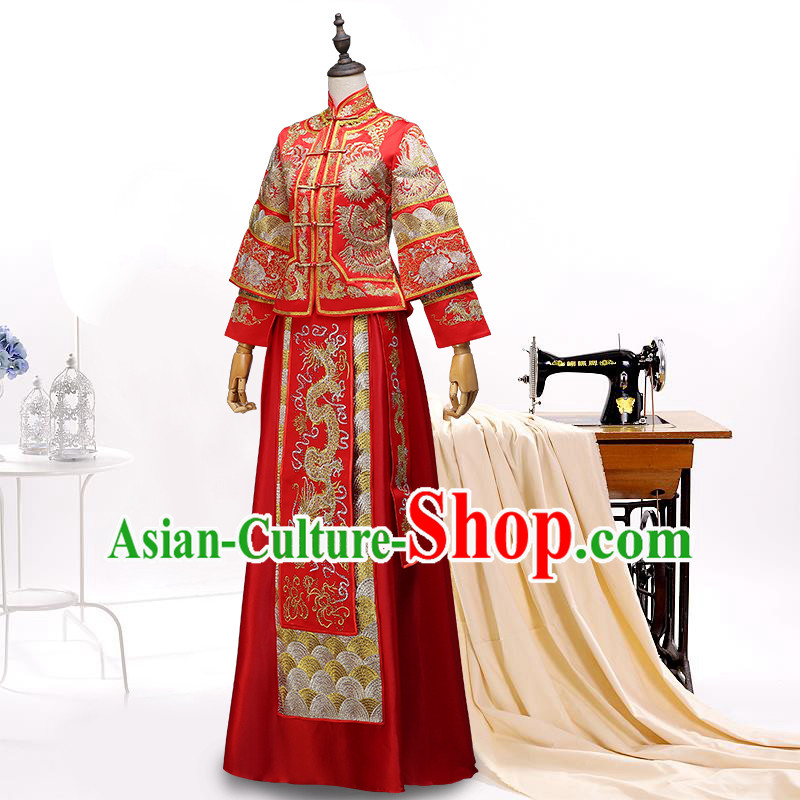 Ancient Chinese Costume Xiuhe Suits Chinese Style Wedding Dress Red Ancient Women Longfeng Dragon And Phoenix Flown Bride Toast Cheongsam