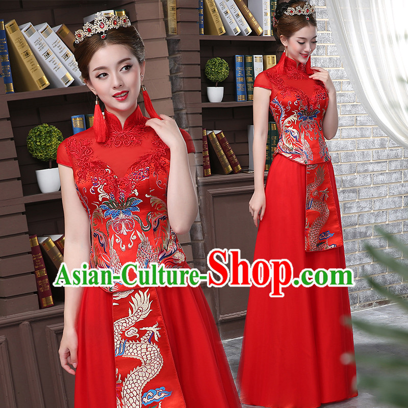 Ancient Chinese Collar Costume, Dress, Toast Red Cheongsam, Xiuhe Suits Wedding Dress, Red Ancient Women Flown, Bride Cheongsam