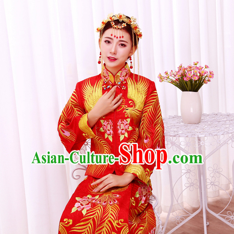 Ancient Chinese Costume, Xiuhe Suits Traditional Wedding Dress, Red Women Longfeng Dragon And Phoenix Flown, Bride Toast Cheongsam