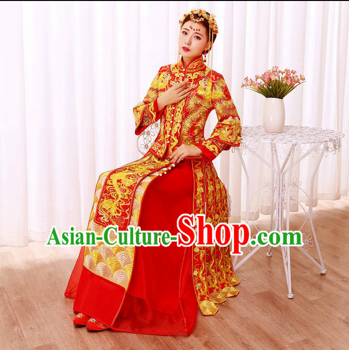 Ancient Chinese Costume, Xiuhe Suits, Traditional Wedding Dress, Red Women Longfeng Dragon And Phoenix Flown, Bride Toast Cheongsam