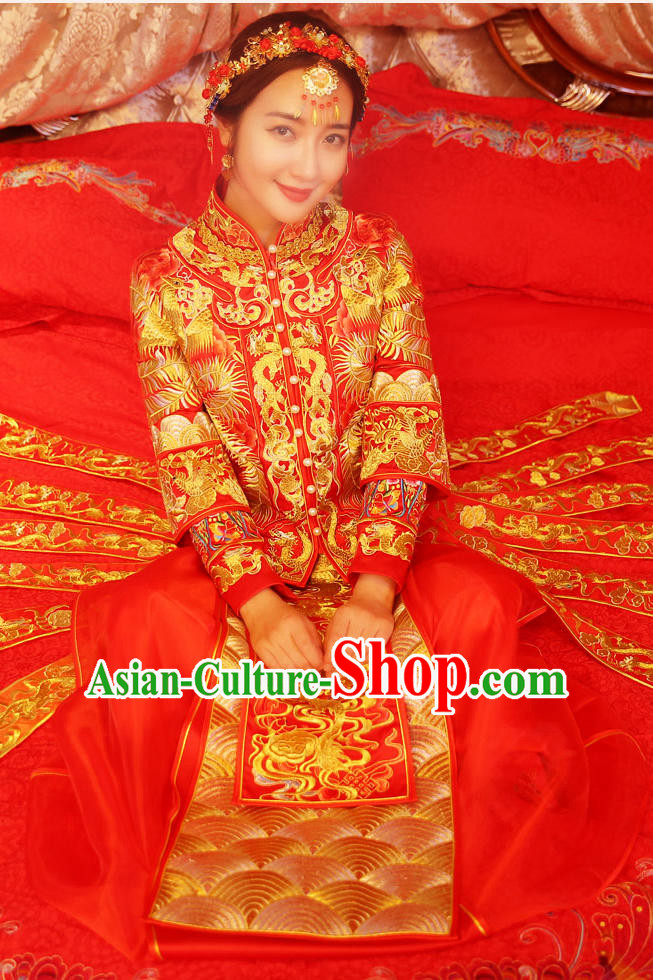 Ancient Chinese Costume Xiuhe Suits Traditional Wedding Dress Red Women Longfeng Dragon And Phoenix Flown Bride Toast Cheongsam