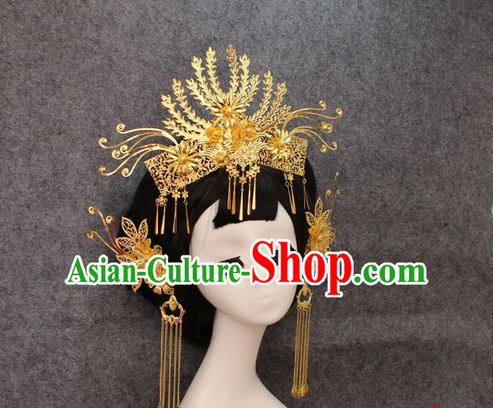 Chinese Ancient Style Hair Jewelry Accessories, Hairpins, Tang Dynasty Xiuhe Suits Wedding Bride Headwear, Headdress, Imperial Empress Handmade Phoenix Hair Fascinators for Women