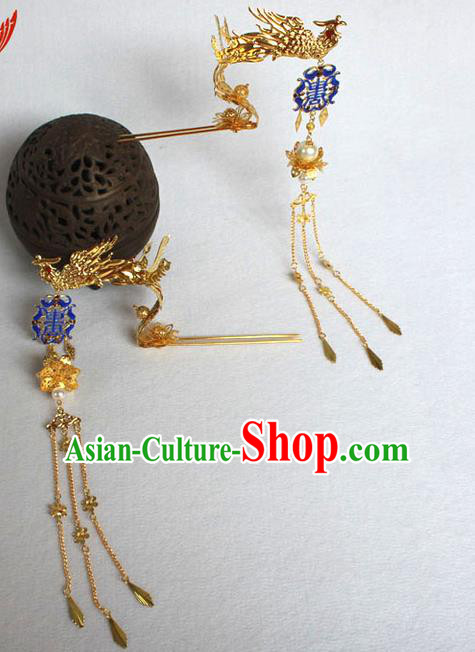 Chinese Ancient Style Hair Jewelry Accessories, Hairpins, Hanfu Xiuhe Suits Wedding Bride Imperial Empress Handmade Phoenix for Women