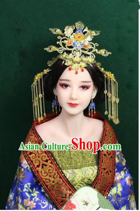 Chinese Ancient Style Hair Jewelry Accessories, Hairpins, Han Dynasty Cosplay Cloisonne Blueing Princess Hanfu Xiuhe Suit Wedding Bride Phoenix Coronet, Hair Accessories for Women