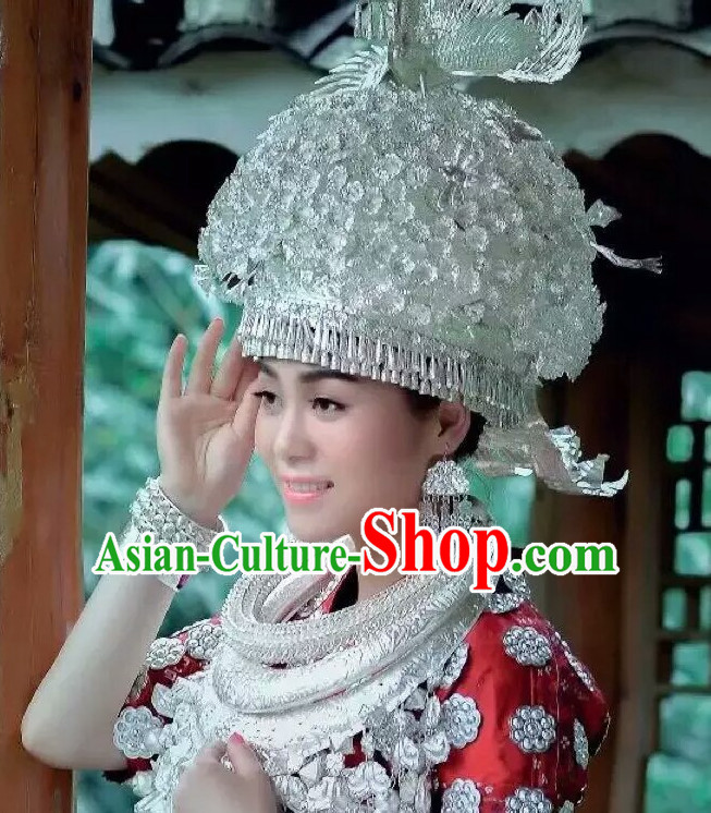 Traditional Chinese Miao Princess Empress Queen Silver Brides Wedding Headpieces Hair Fascinators Jewelry Decorations Hairpins Phoenix Crown Coronet