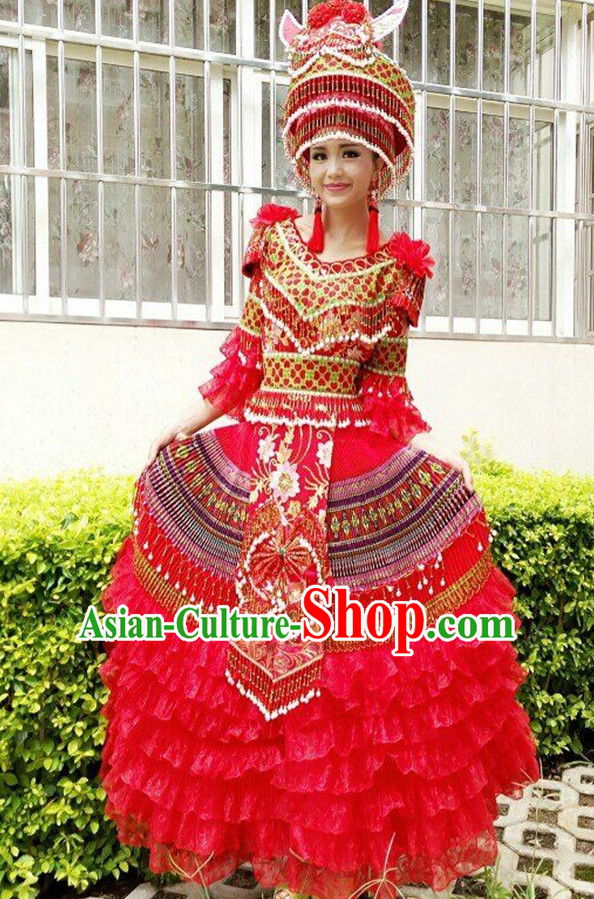 Chinese Traditional Miao Minority Princess Queen Empress Clothes and Hat Complete Set for Women