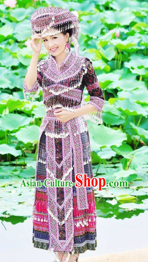 Chinese Traditional Miao Minority Princess Queen Empress Clothes and Headwear Complete Set for Women