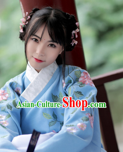 Chinese Ancient Ming Dynasty Hanfu Clothing and Hair Jewelry Complete Set for Women and Girls