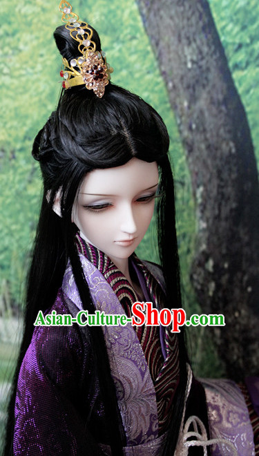 Ancient Chinese Style Prince Emperor Long Black Wigs and Coronet for Men Boys Adults Kids