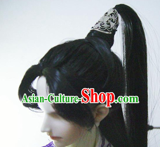 Ancient Chinese Style Prince Emperor Long Black Wigs and Coronet for Men Boys Adults Kids