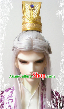 Ancient Chinese Style Prince Emperor Long Black Wigs and Coronet for Men Boys Adults Kids