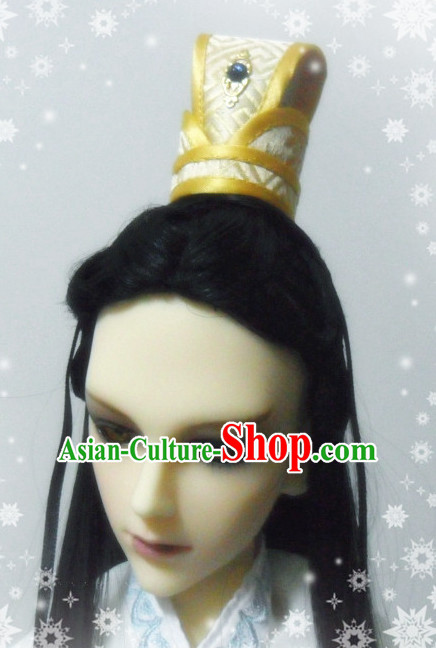 Ancient Chinese Style Prince Emperor Long Black Wigs and Accessories for Men Boys Adults Kids