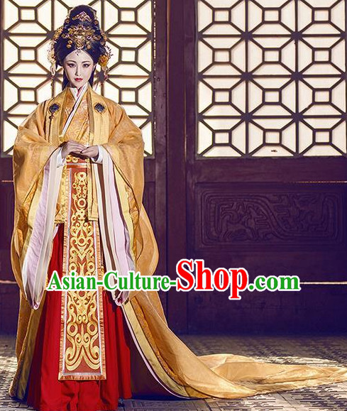 Ancient Chinese Empress Queen Princess Hanfu Clothes and Hair Accessories Complete Set