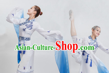 White to Blue Color Transition Chinese Classical Water Sleeves Long Sleeves Dancing Costume for Women or Girls